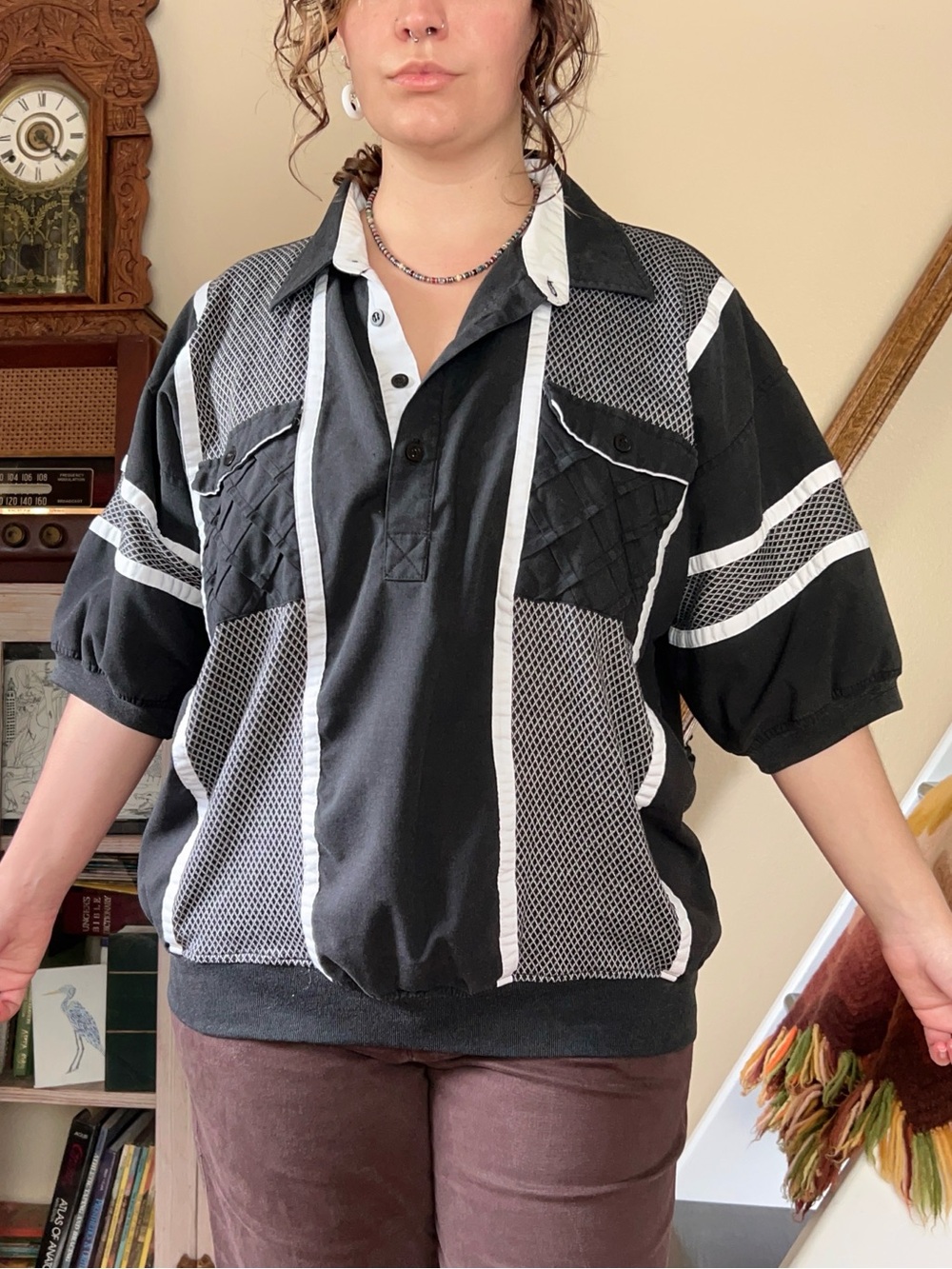Vintage 90s Black Colorblock Polo Shirt Oversized Retro Geometric Pullover